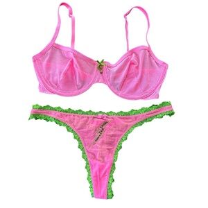 Betsey Johnson Pink and Green Lace Intimates Mesh Panty and Bra Set 34C Small
